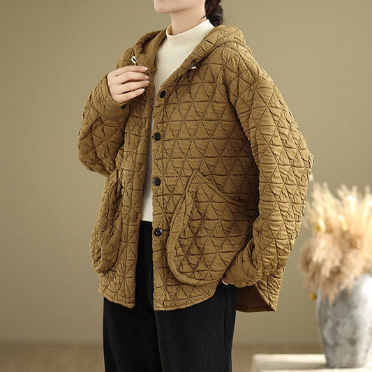 Buddha Stones Retro Rhombic Pattern Women's Acrylic Hooded Long Sleeve Jacket