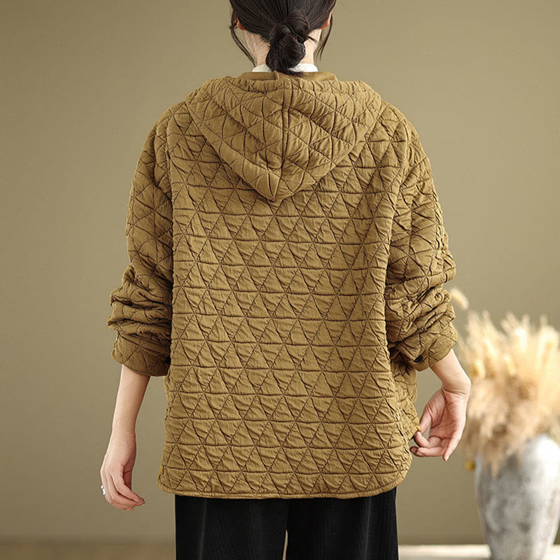 Buddha Stones Retro Rhombic Pattern Women's Acrylic Hooded Long Sleeve Jacket