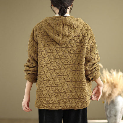 Buddha Stones Retro Rhombic Pattern Women's Acrylic Hooded Long Sleeve Jacket