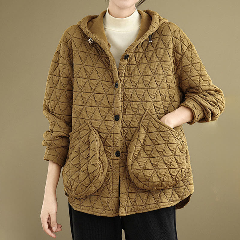 Buddha Stones Retro Rhombic Pattern Women's Acrylic Hooded Long Sleeve Jacket