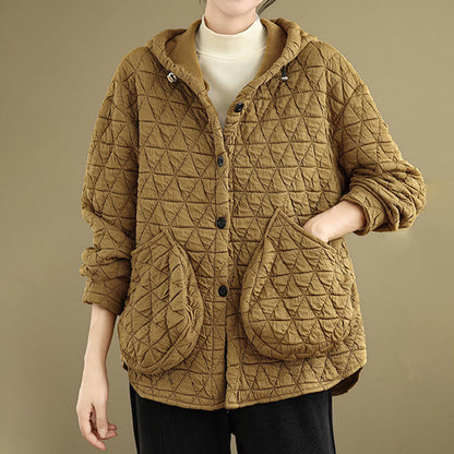 Buddha Stones Retro Rhombic Pattern Women's Acrylic Hooded Long Sleeve Jacket