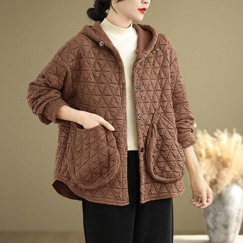 Buddha Stones Retro Rhombic Pattern Women's Acrylic Hooded Long Sleeve Jacket