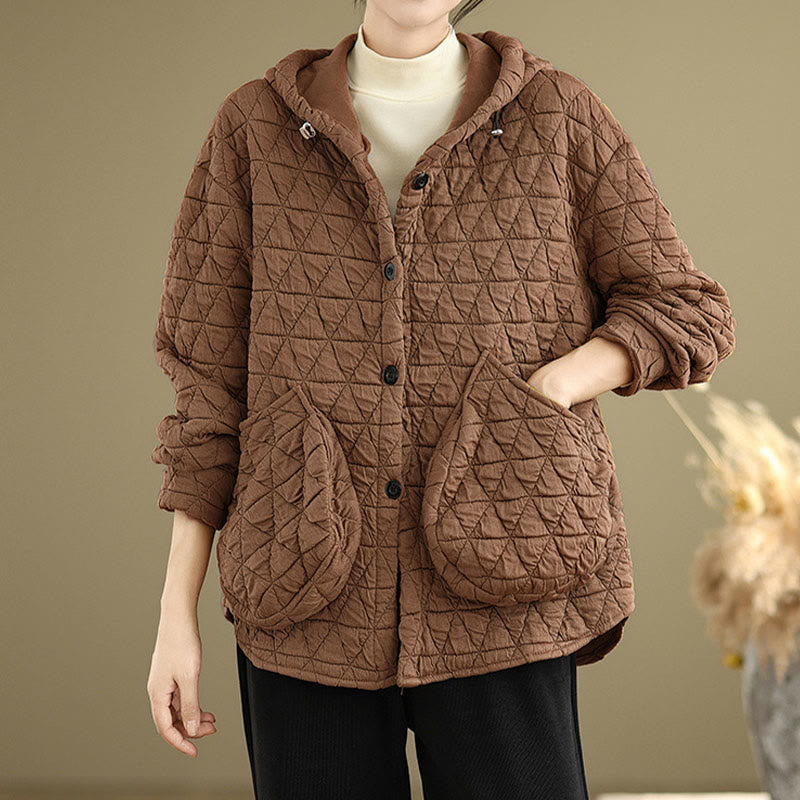 Buddha Stones Retro Rhombic Pattern Women's Acrylic Hooded Long Sleeve Jacket