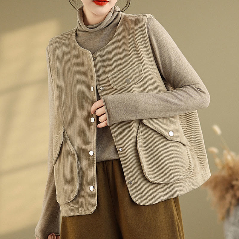 Buddha Stones Sleeveless Buttons Women's Cotton Vest Corduroy Waistcoat With Pockets