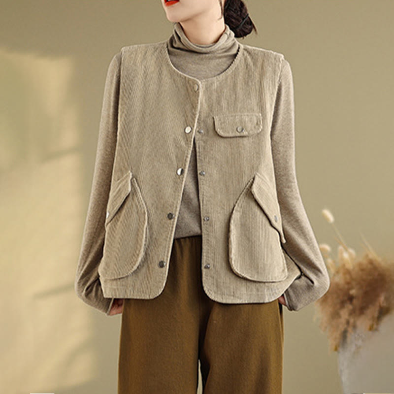 Buddha Stones Sleeveless Buttons Women's Cotton Vest Corduroy Waistcoat With Pockets