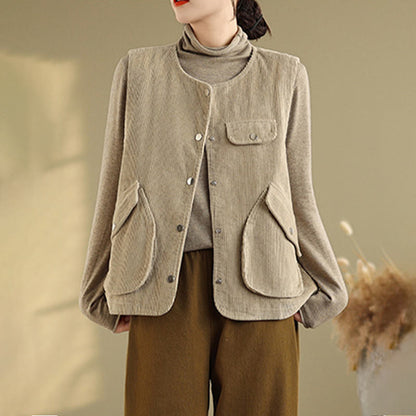Buddha Stones Sleeveless Buttons Women's Cotton Vest Corduroy Waistcoat With Pockets