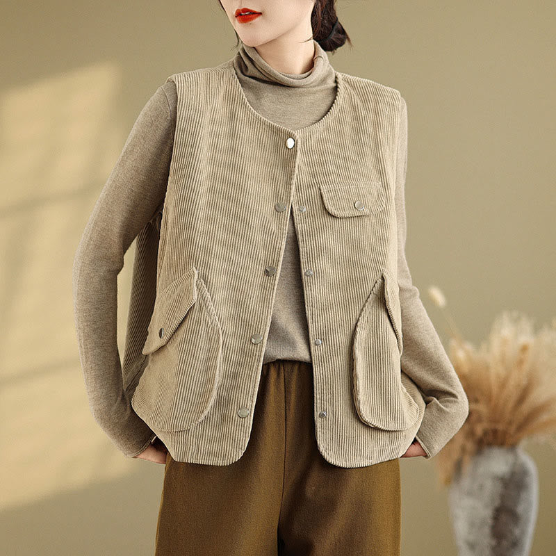 Buddha Stones Sleeveless Buttons Women's Cotton Vest Corduroy Waistcoat With Pockets