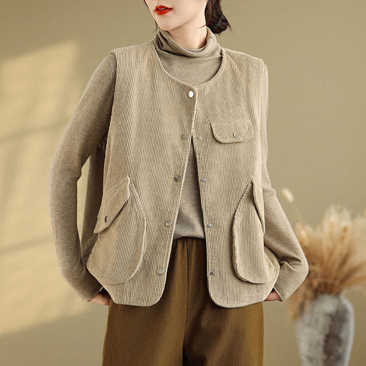 Buddha Stones Sleeveless Buttons Women's Cotton Vest Corduroy Waistcoat With Pockets