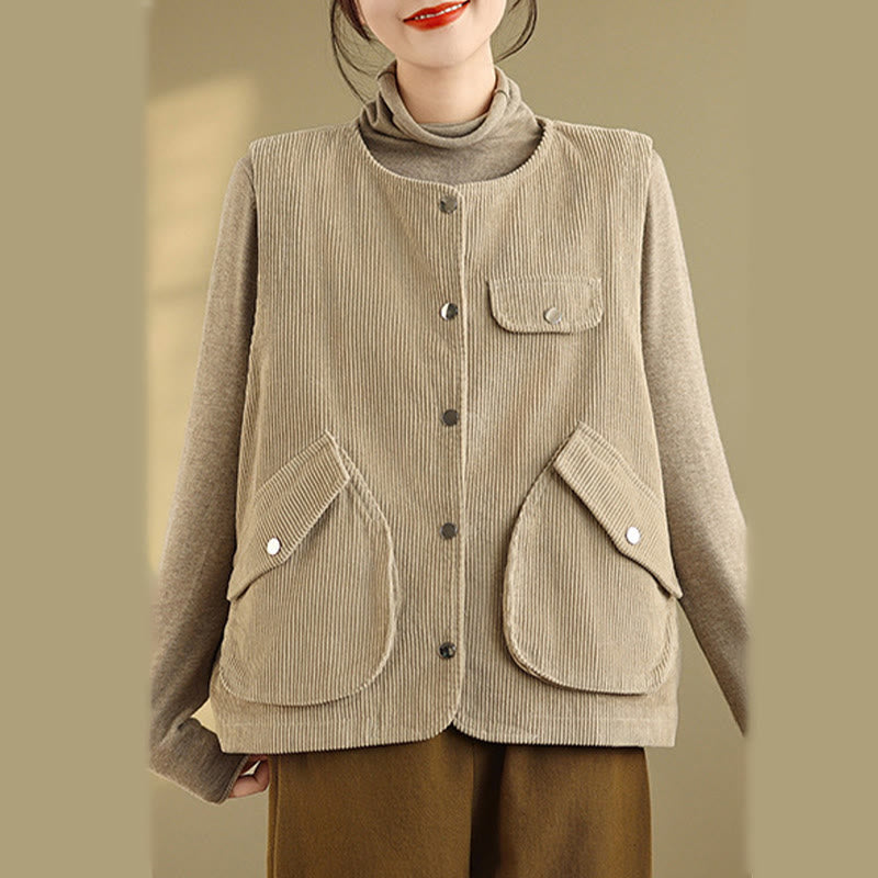 Buddha Stones Sleeveless Buttons Women's Cotton Vest Corduroy Waistcoat With Pockets