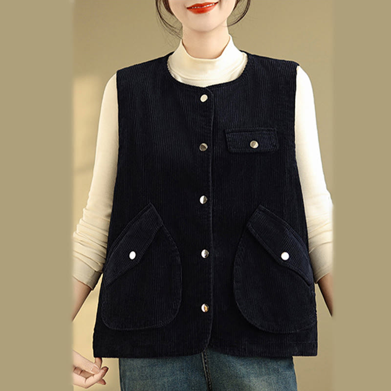 Buddha Stones Sleeveless Buttons Women's Cotton Vest Corduroy Waistcoat With Pockets