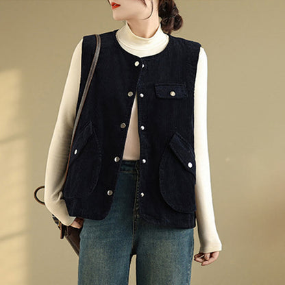 Buddha Stones Sleeveless Buttons Women's Cotton Vest Corduroy Waistcoat With Pockets