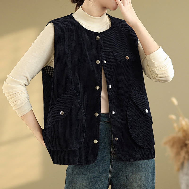 Buddha Stones Sleeveless Buttons Women's Cotton Vest Corduroy Waistcoat With Pockets