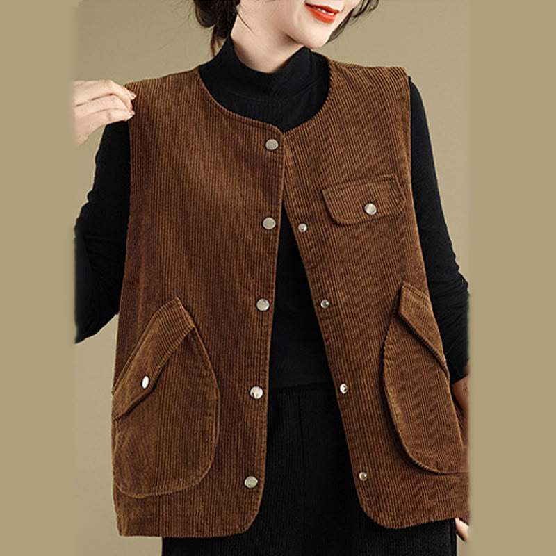 Buddha Stones Sleeveless Buttons Women's Cotton Vest Corduroy Waistcoat With Pockets