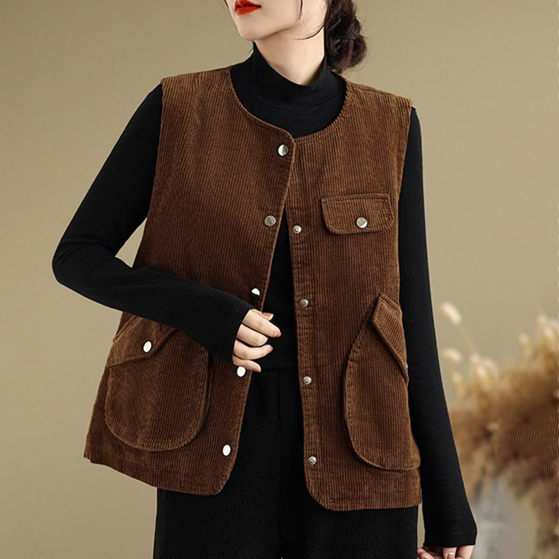 Buddha Stones Sleeveless Buttons Women's Cotton Vest Corduroy Waistcoat With Pockets
