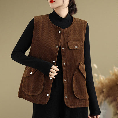 Buddha Stones Sleeveless Buttons Women's Cotton Vest Corduroy Waistcoat With Pockets