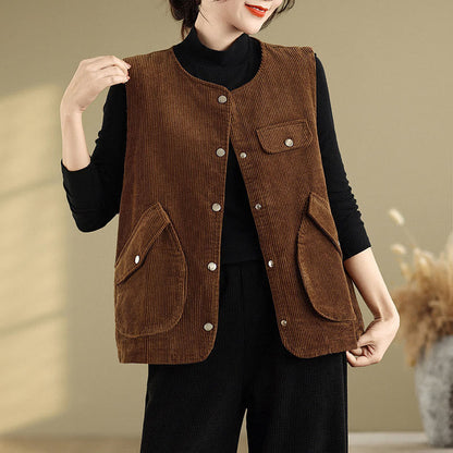 Buddha Stones Sleeveless Buttons Women's Cotton Vest Corduroy Waistcoat With Pockets