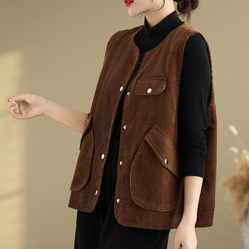 Buddha Stones Sleeveless Buttons Women's Cotton Vest Corduroy Waistcoat With Pockets