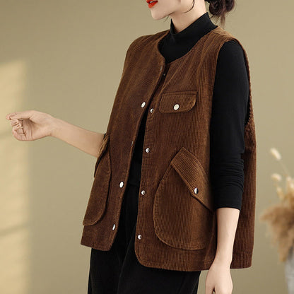 Buddha Stones Sleeveless Buttons Women's Cotton Vest Corduroy Waistcoat With Pockets