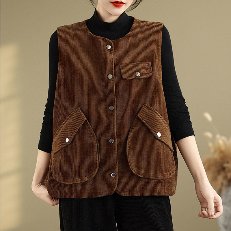 Buddha Stones Sleeveless Buttons Women's Cotton Vest Corduroy Waistcoat With Pockets