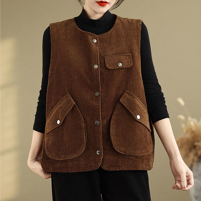 Buddha Stones Sleeveless Buttons Women's Cotton Vest Corduroy Waistcoat With Pockets