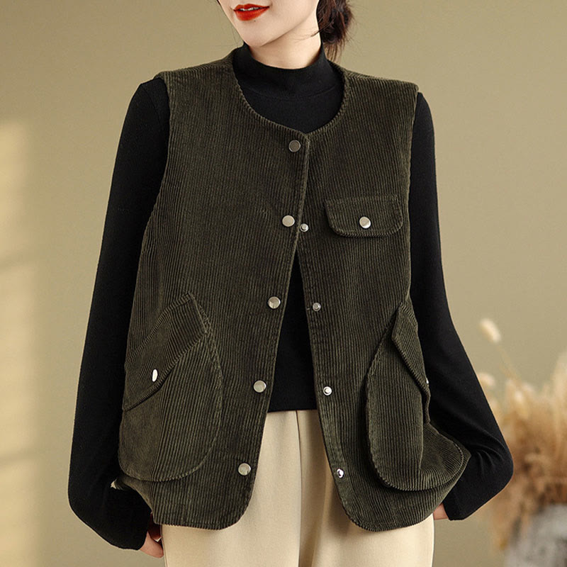 Buddha Stones Sleeveless Buttons Women's Cotton Vest Corduroy Waistcoat With Pockets