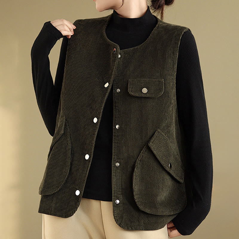 Buddha Stones Sleeveless Buttons Women's Cotton Vest Corduroy Waistcoat With Pockets