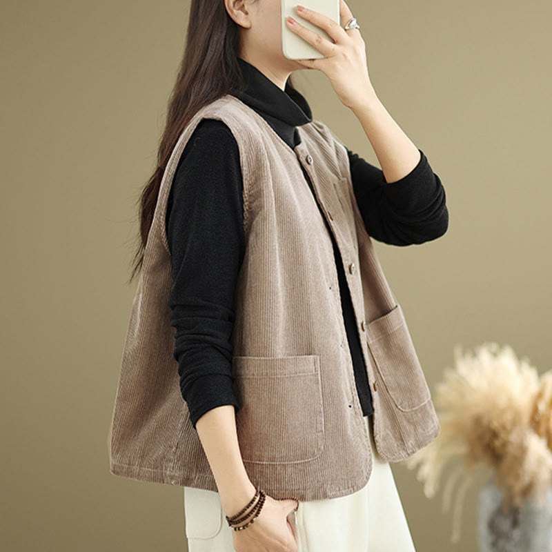Buddha Stones Corduroy Buttons Women's Sleeveless Cotton Vest Waistcoat With Pockets