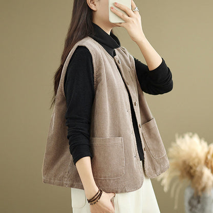 Buddha Stones Corduroy Buttons Women's Sleeveless Cotton Vest Waistcoat With Pockets