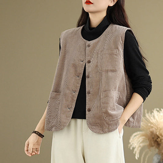 Buddha Stones Corduroy Buttons Women's Sleeveless Cotton Vest Waistcoat With Pockets