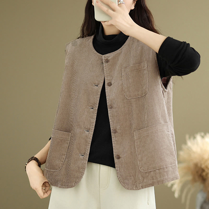 Buddha Stones Corduroy Buttons Women's Sleeveless Cotton Vest Waistcoat With Pockets