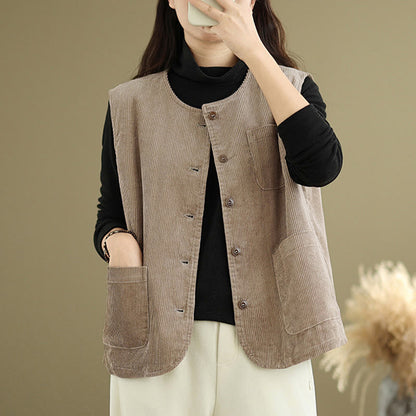 Buddha Stones Corduroy Buttons Women's Sleeveless Cotton Vest Waistcoat With Pockets