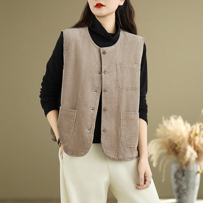 Buddha Stones Corduroy Buttons Women's Sleeveless Cotton Vest Waistcoat With Pockets