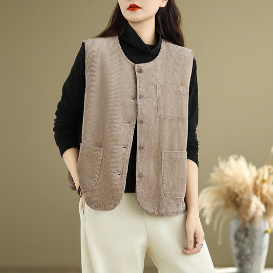 Buddha Stones Corduroy Buttons Women's Sleeveless Cotton Vest Waistcoat With Pockets
