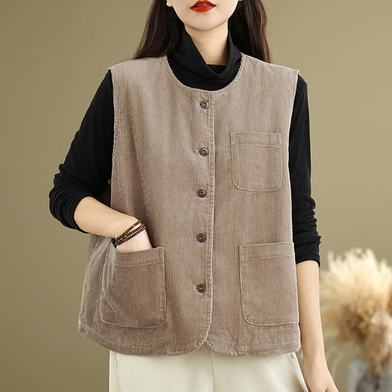 Buddha Stones Corduroy Buttons Women's Sleeveless Cotton Vest Waistcoat With Pockets
