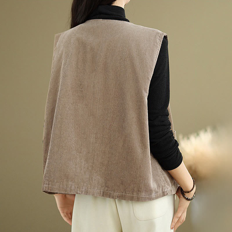 Buddha Stones Corduroy Buttons Women's Sleeveless Cotton Vest Waistcoat With Pockets