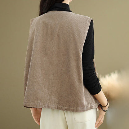 Buddha Stones Corduroy Buttons Women's Sleeveless Cotton Vest Waistcoat With Pockets