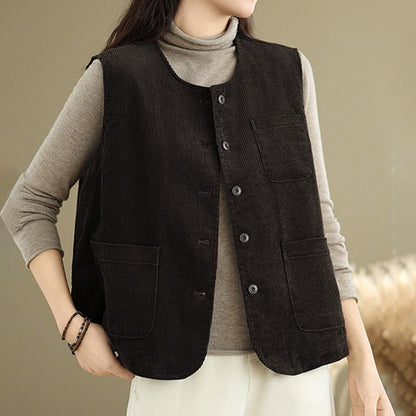 Buddha Stones Corduroy Buttons Women's Sleeveless Cotton Vest Waistcoat With Pockets