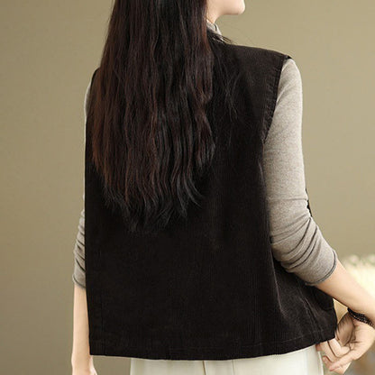 Buddha Stones Corduroy Buttons Women's Sleeveless Cotton Vest Waistcoat With Pockets