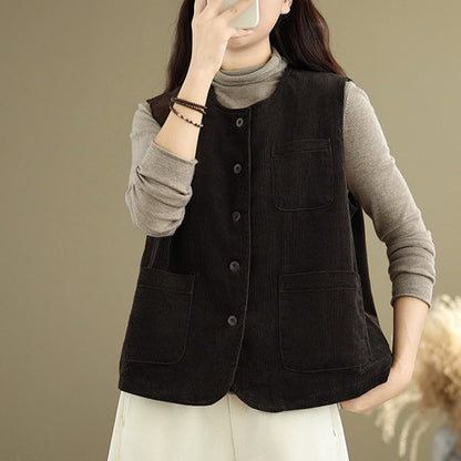 Buddha Stones Corduroy Buttons Women's Sleeveless Cotton Vest Waistcoat With Pockets