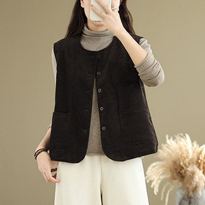 Buddha Stones Corduroy Buttons Women's Sleeveless Cotton Vest Waistcoat With Pockets