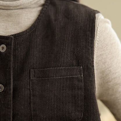 Buddha Stones Corduroy Buttons Women's Sleeveless Cotton Vest Waistcoat With Pockets