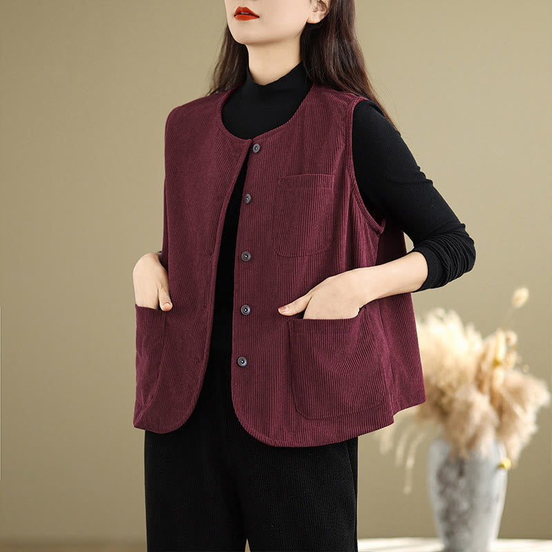 Buddha Stones Corduroy Buttons Women's Sleeveless Cotton Vest Waistcoat With Pockets