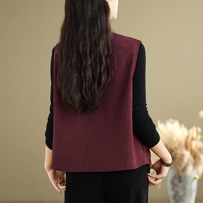Buddha Stones Corduroy Buttons Women's Sleeveless Cotton Vest Waistcoat With Pockets