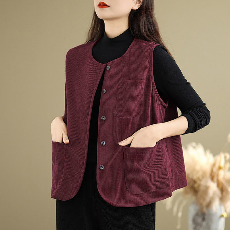 Buddha Stones Corduroy Buttons Women's Sleeveless Cotton Vest Waistcoat With Pockets