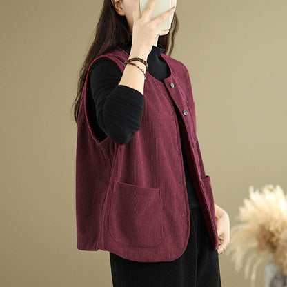 Buddha Stones Corduroy Buttons Women's Sleeveless Cotton Vest Waistcoat With Pockets