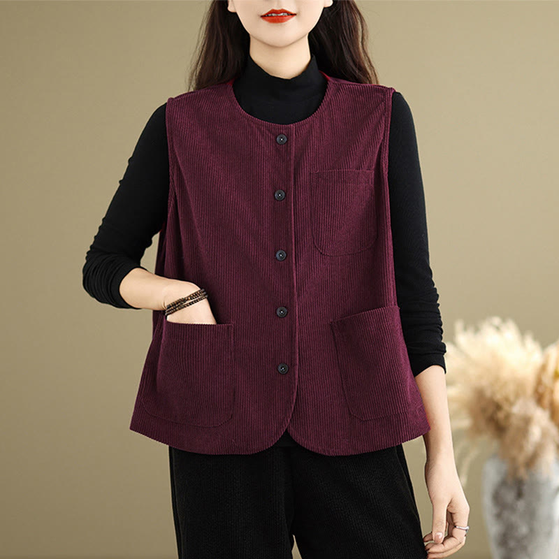 Buddha Stones Corduroy Buttons Women's Sleeveless Cotton Vest Waistcoat With Pockets