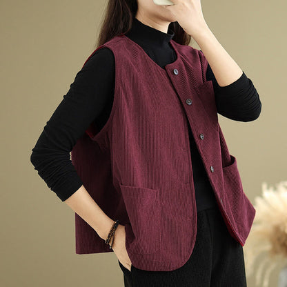 Buddha Stones Corduroy Buttons Women's Sleeveless Cotton Vest Waistcoat With Pockets