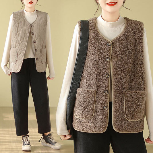 Buddha Stones Double-sided Style Women's Viscose Fiber Sleeveless Vest Waistcoat With Pockets