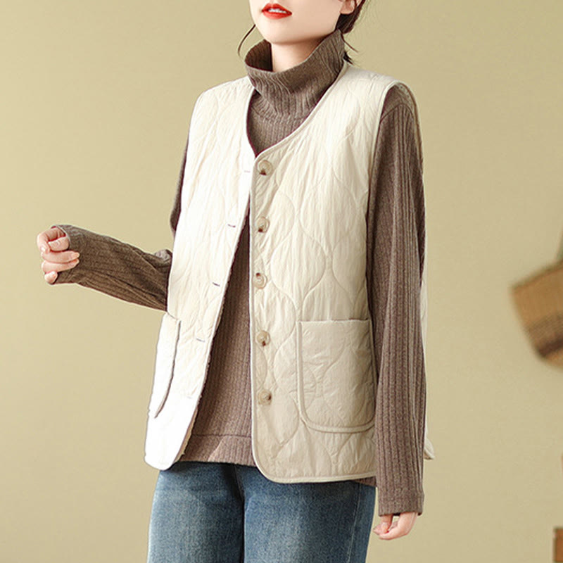 Buddha Stones Double-sided Style Women's Viscose Fiber Sleeveless Vest Waistcoat With Pockets