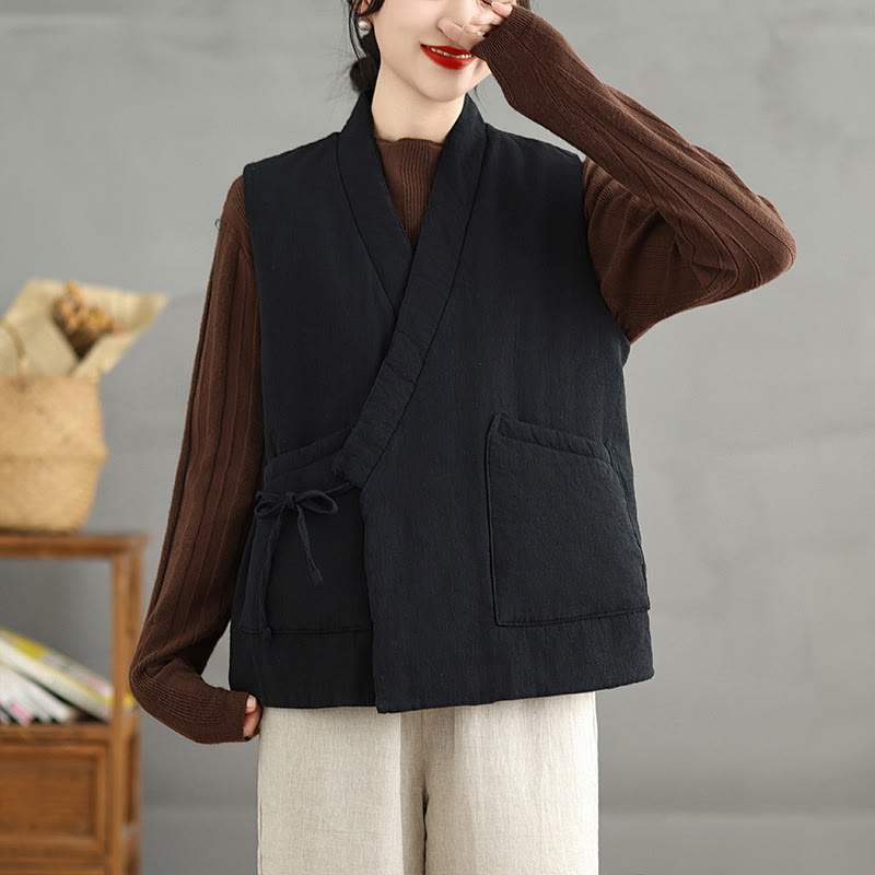 Buddha Stones Plain Lace-up Women's Sleeveless Cotton Vest Waistcoat With Pockets